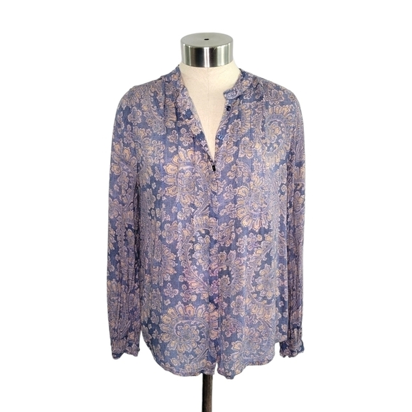 Lucky Brand Pleated Semi-Sheer Long Sleeve Button-Up Blouse Women's Size XS Blue - Picture 2 of 10